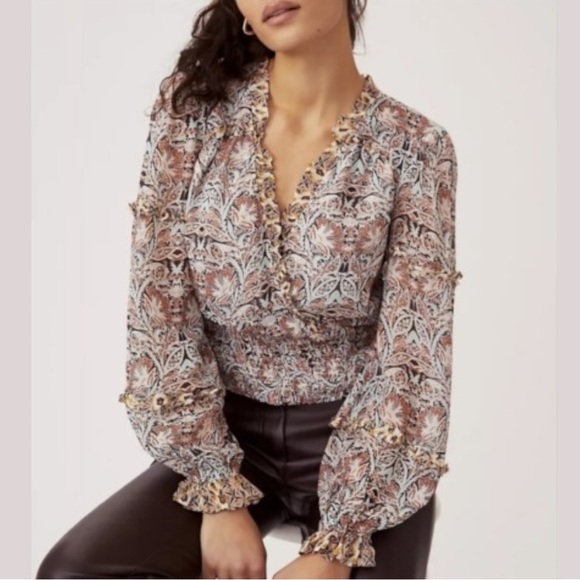 ANTHROPOLOGIE Faux Wrap Deep-V Neck Paisley Ruffle Blouse, size extra small - Picture 2 of 11